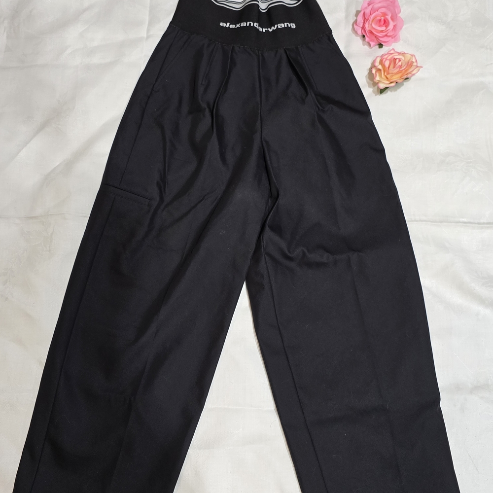 Alexander Wang Logo Elastic Waist Cotton Twill Wide Leg Pants BLACK Sz 4